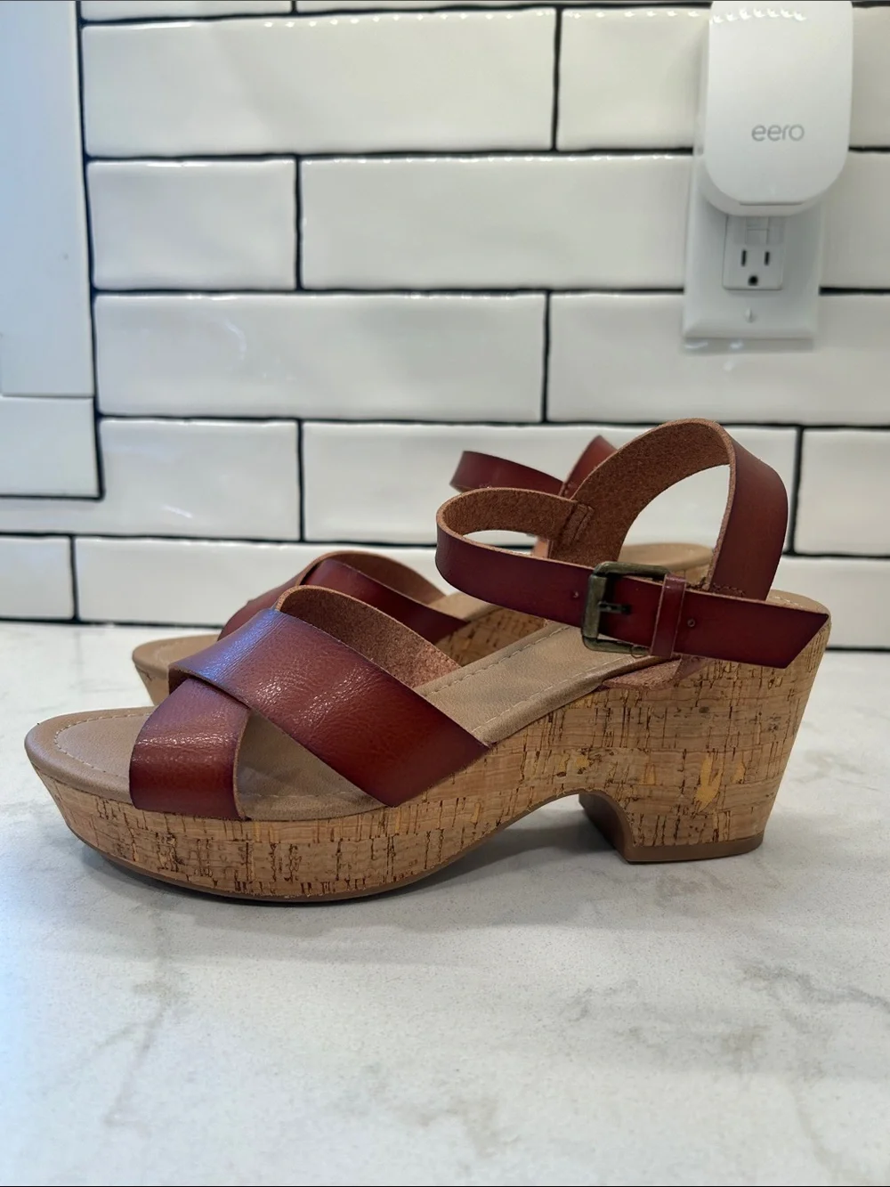 CUSHIONAIRE Women's Rosie Cork Wedge Sandal +Memory‎ Foam 9.5 Cognac Boho